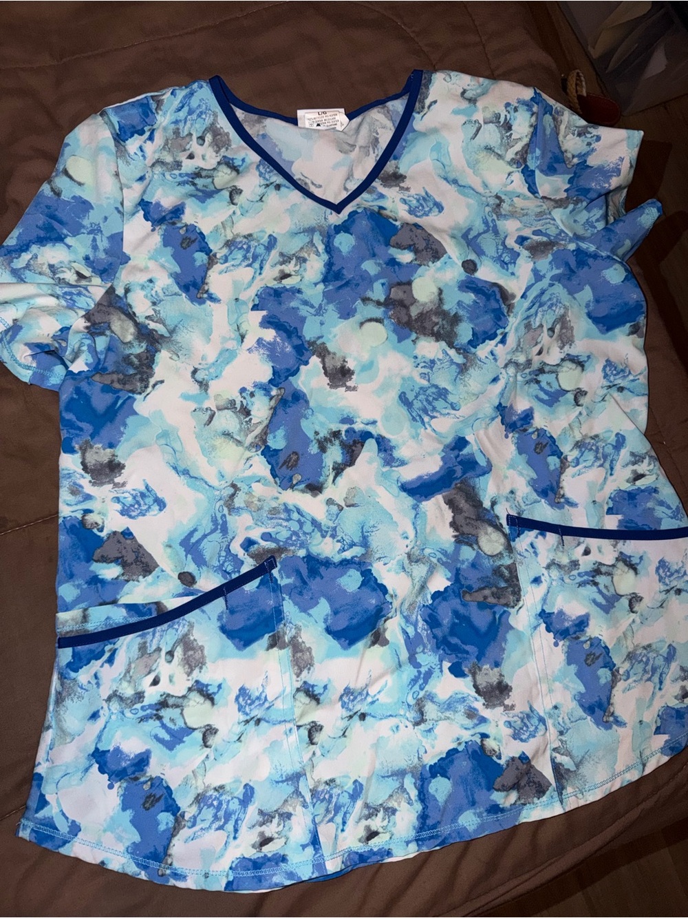 Blue Marble Print Scrub Top